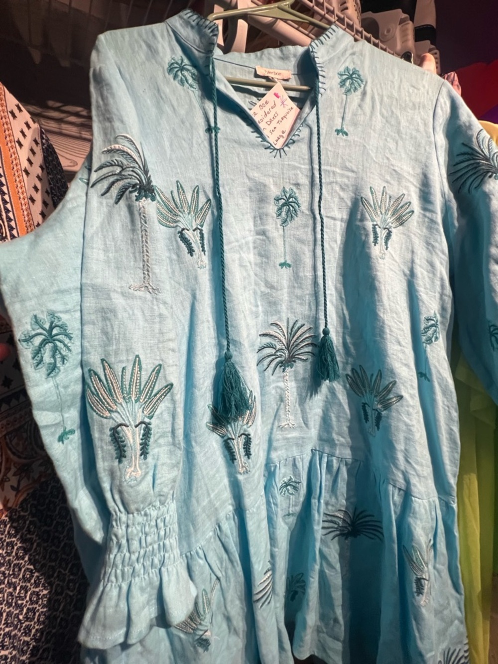 Tyler Boe  100% Linen Aqua Embroidered Palm Dress